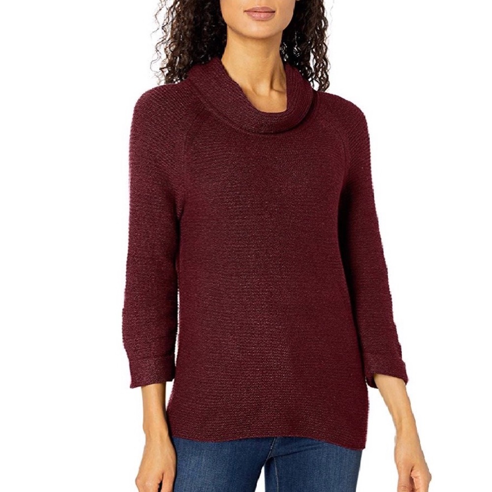 Texturized Maroon 3/4 Sleeve Cowl Neck Sweater